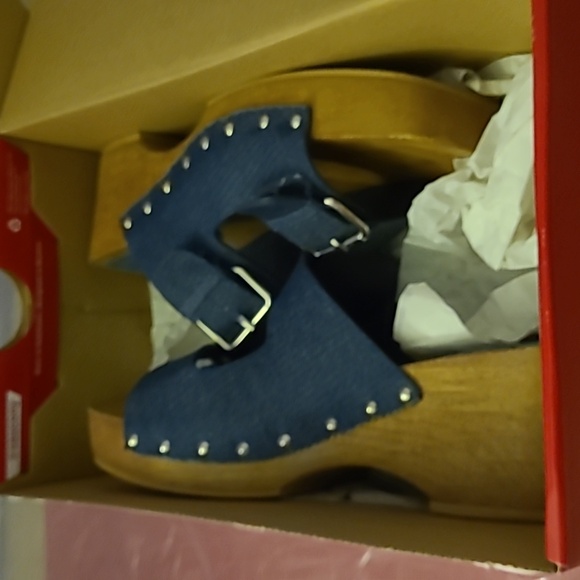 Women's Blue Demin Wooden Sandals - Picture 3 of 9